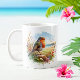 Taza De Café Robin de acuarela de verano en la playa