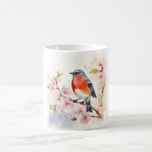 Taza De Café Robin de acuarela sobre la rama de cerezo en prima