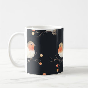 Taza De Café Robins, bayas de rowan, acuarela de invierno.