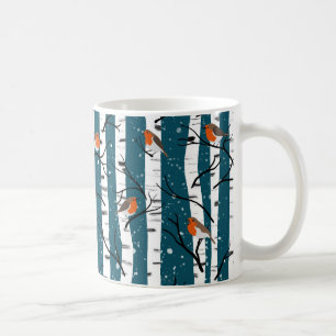 Taza De Café Robins europeos sobre el pájaro plateado en azul d