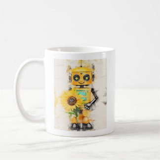 Taza De Café Robot amarillo feliz con girasol