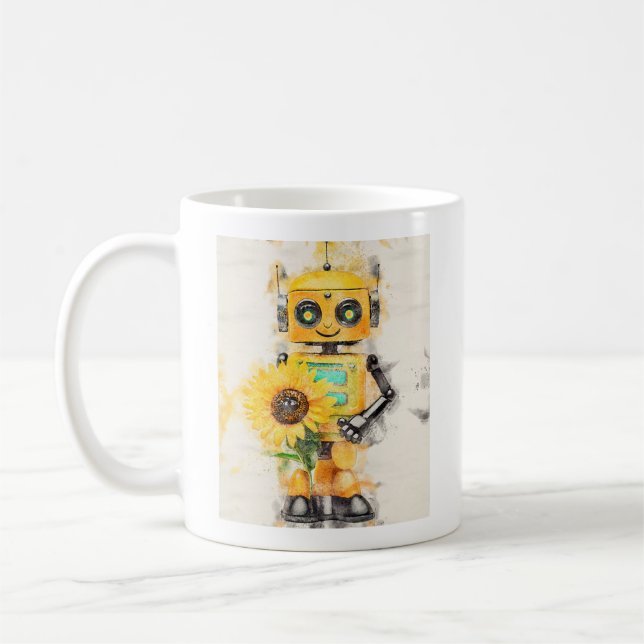 Taza De Café Robot amarillo feliz con girasol (Izquierda)