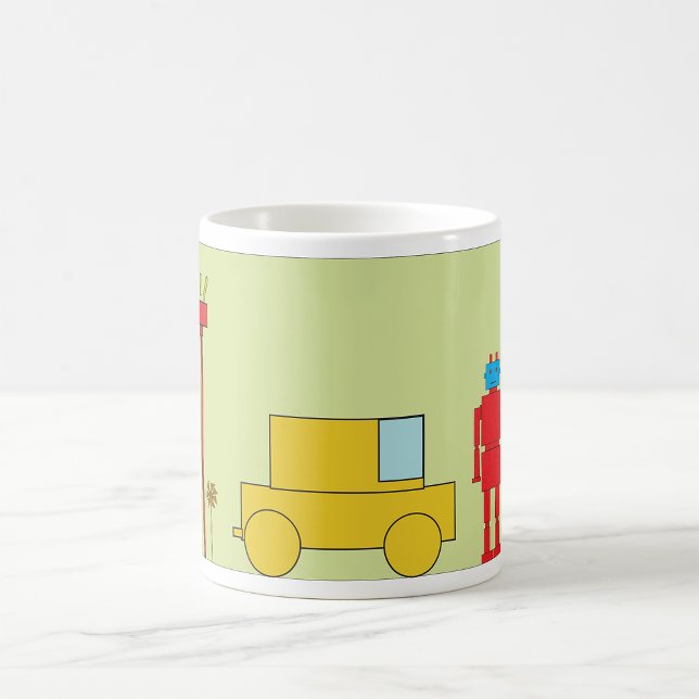 Taza De Café Robot Geométrico Retro y Coche Amarillo (Subido por el creador)