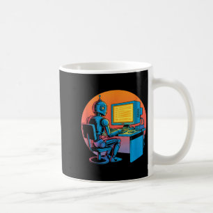 Taza De Café Robot retro divertido codificando pantalla de comp