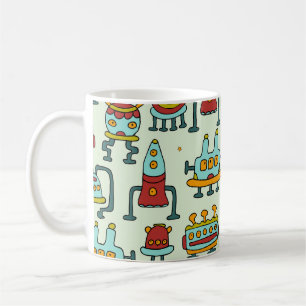 Taza De Café Robots Aliens Ilustracion de patrones de vintage