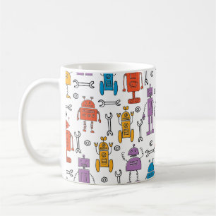 Taza De Café Robots de garabatos. Patrón sin foco. Personalizad