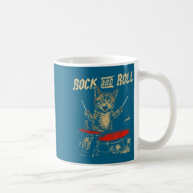 Taza De Café Rock And Roll Funny Cat Playing Drum For Men Women (Derecha)