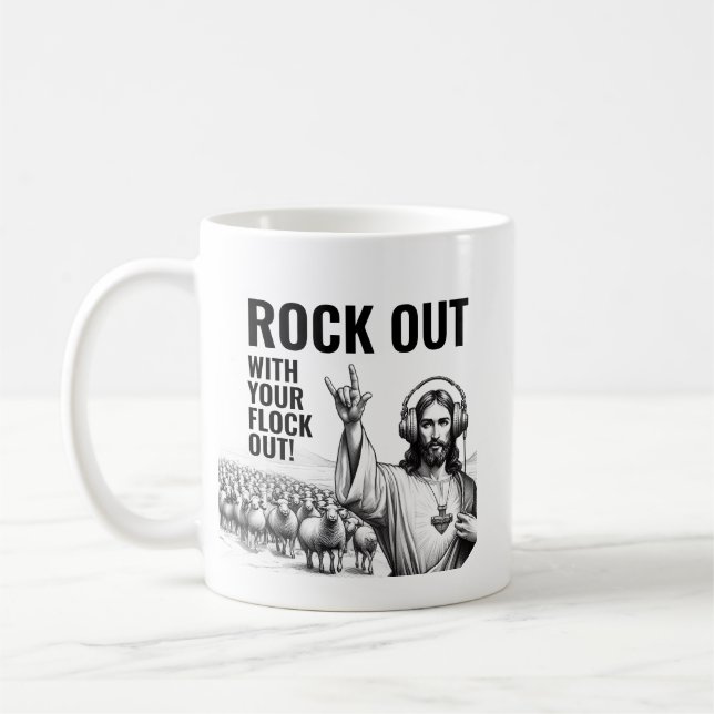 Taza De Café ¡Rockea con tu Rebaño! - Funny Jesus Meme (Izquierda)