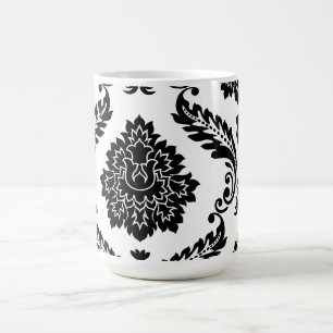 Taza De Café Rococo Damask Patrón Grande Descentrado Negro sobr