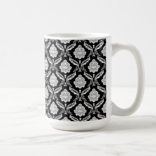 Taza De Café Rococo Damask Patrón Pequeño Blanco sobre Negro