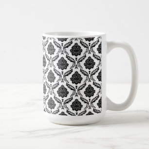 Taza De Café Rococo Damask Patrón Pequeño Negro sobre Blanco