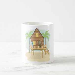 Taza De Café Rodeadores de cabañas de playa tropical y palmeras