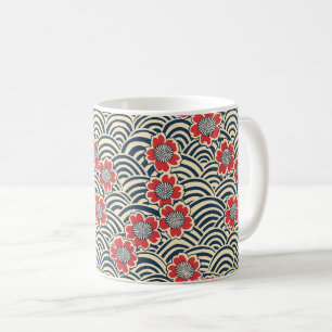 Taza De Café Rojas Sakura Marina Ola Crema Patrón Japonés