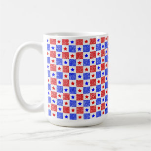 TAZA DE CAFÉ ROJO BLANCO AZUL PATRIÓTICO ESTRELLAS Y CUADRADOS