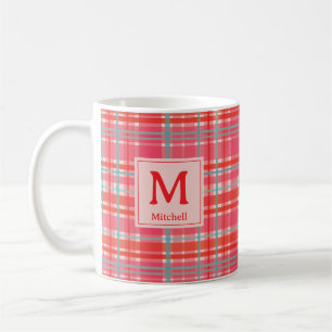 Taza De Café Rojo festivo, cuadros rosa de Navidad monograma fa