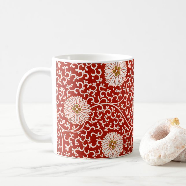 Taza De Café Rojo Floral Vibrante Ornate Patrón Clásico (Con donut)