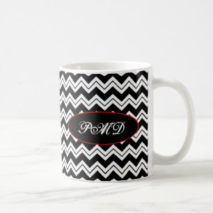 Taza De Café Rojo Poppy Negro y Monograma Blanco Chevron Zizzag