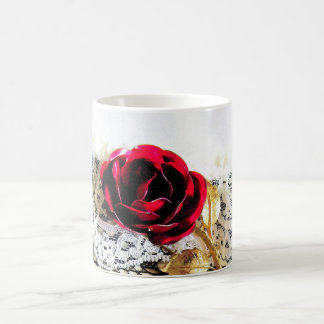 Taza De Café Rojo romántico y encaje blanco