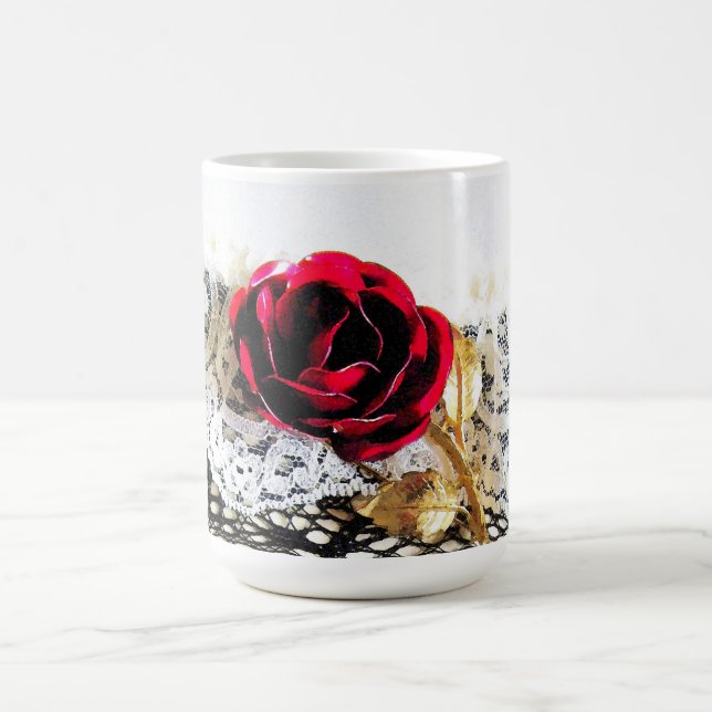 Taza De Café Rojo romántico y encaje blanco (Centro)
