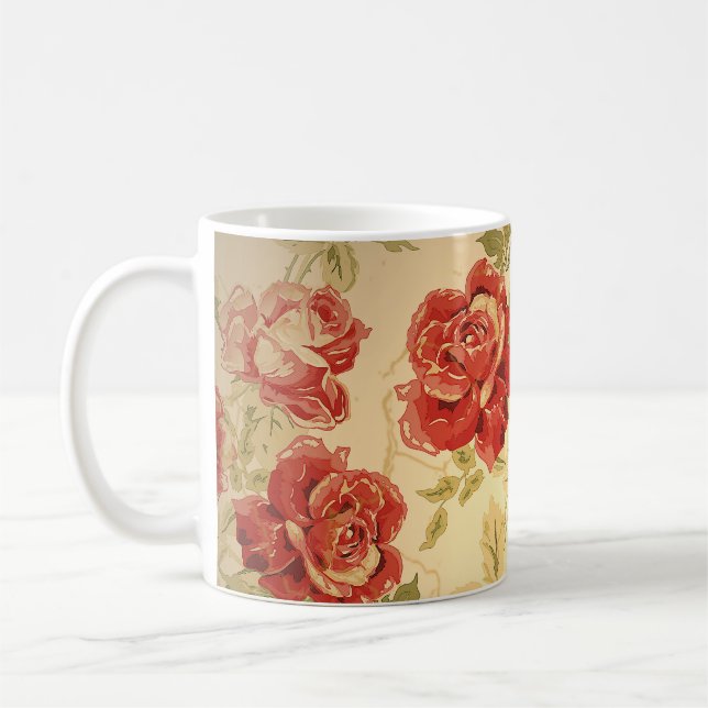 Taza De Café Rojo rosa, amarillo, huella floral antigua (Izquierda)