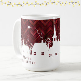 Taza De Café Rojo Rústico Chevron de Punto Pueblo de Navidad