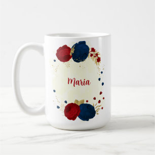 Taza De Café rojo y flores azules marino hojas doradas boda