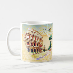 Taza De Café Roma al Atardecer – Arte de Acuarela para Amantes
