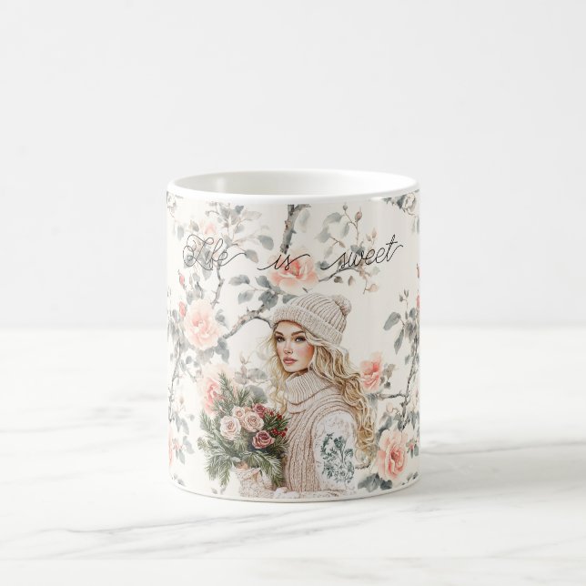Taza De Café Romantic Blond Hair Lady Peach Roses Floral (Centro)