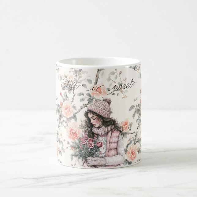 Taza De Café Romantic Brown Hair Girl Peach Roses Floral (Centro)