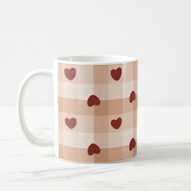 Taza De Café Romantic little hearts and brown gingham checks (Izquierda)