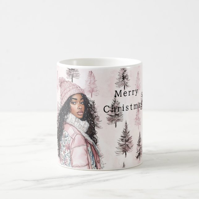 Taza De Café Romantic Pink Christmas Trees Black Girl (Centro)