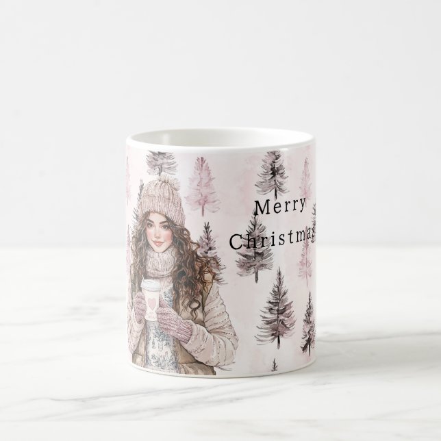Taza De Café Romantic Pink Christmas Trees Girl (Centro)