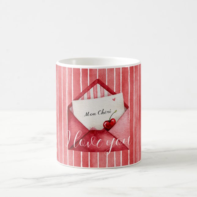 Taza De Café Romantic Red White Stripes Mon Cheri Love (Centro)