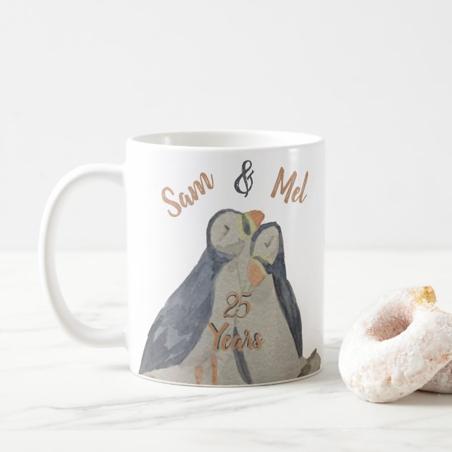 Taza De Café Romántico Aniversario Aves Acuarela Púffinos (Con donut)