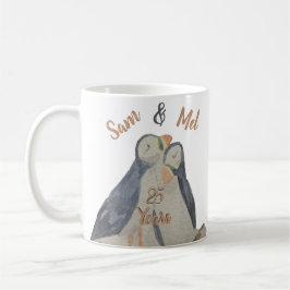 Taza De Café Romántico Aniversario Aves Acuarela Púffinos
