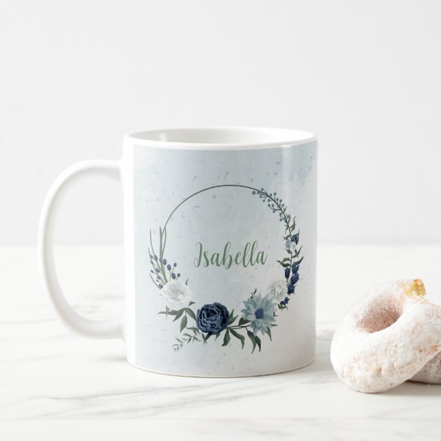 Taza De Café romántico blanco polvoriento & floral azul marino (Con donut)