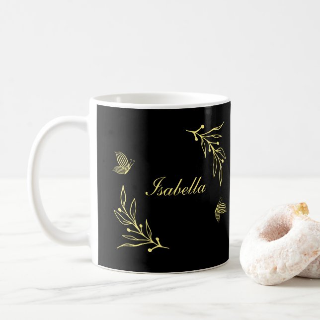 Taza De Café Romántico elegante oro floral negro  (Con donut)