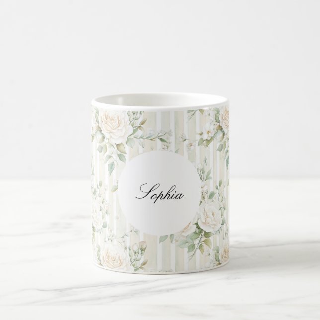 Taza De Café Romántico Rubor White Roses Bandas Florales (Centro)