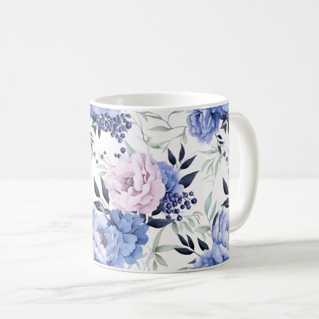 Taza De Café Romántico Rústico Rosa y Azul Peony Floral Mug (Anverso derecho)