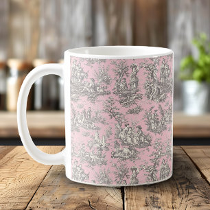 Taza De Café Romántico Vintage Rosa Gris Patrón Toile de Jouy