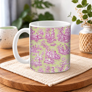 Taza De Café Romántico Vintage Verde Rosa Patrón Toile de Jouy