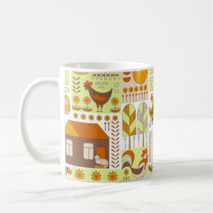 Taza De Café Rooster y dos gallinas, huevos, flores, casa, cajó