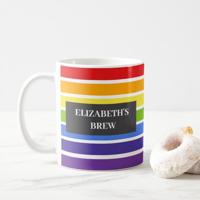 Taza De Café Ropa de nombre personalizado rayado de arcoiris si (Con donut)