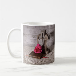 Taza De Café Rosa 6134-Rosa con Biblia, cruz y Perlas