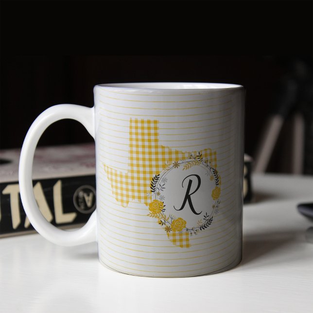 Taza De Café Rosa amarilla de Texas - Monograma de Gingham (Subido por el creador)