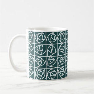Taza De Café Rosa Art Decó Cuadrados Elegante Verde Floral