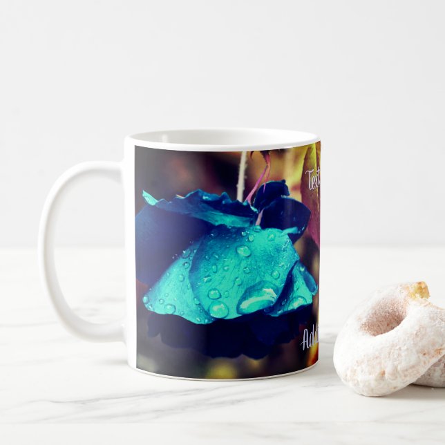 Taza De Café Rosa azul Arte floral personalizado (Con donut)
