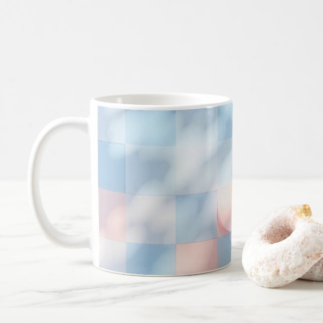 Taza De Café Rosa, azul celeste, patrón cuadrado, tazón acuarel (Con donut)