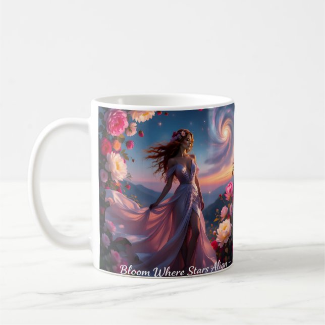 Taza de café rosa Boho Cosmic Bloom para mujeres | (Izquierda)