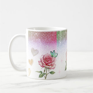 Taza de café Rosa Brillante y Mariposa